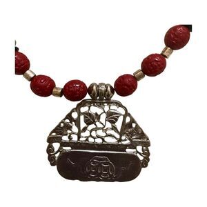 Vintage Artisan Boho Statement Necklace Earring Set Red Beads Metal Pendant